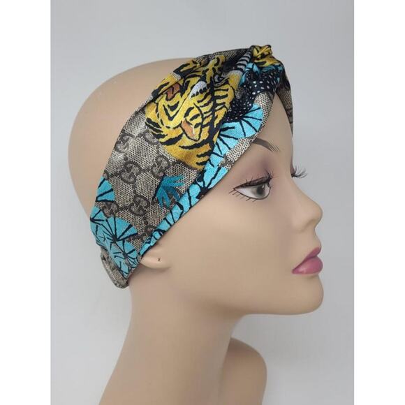 Gucci Beige blue supreme GG Monogram silk headband M sz - Picture 3 of 7